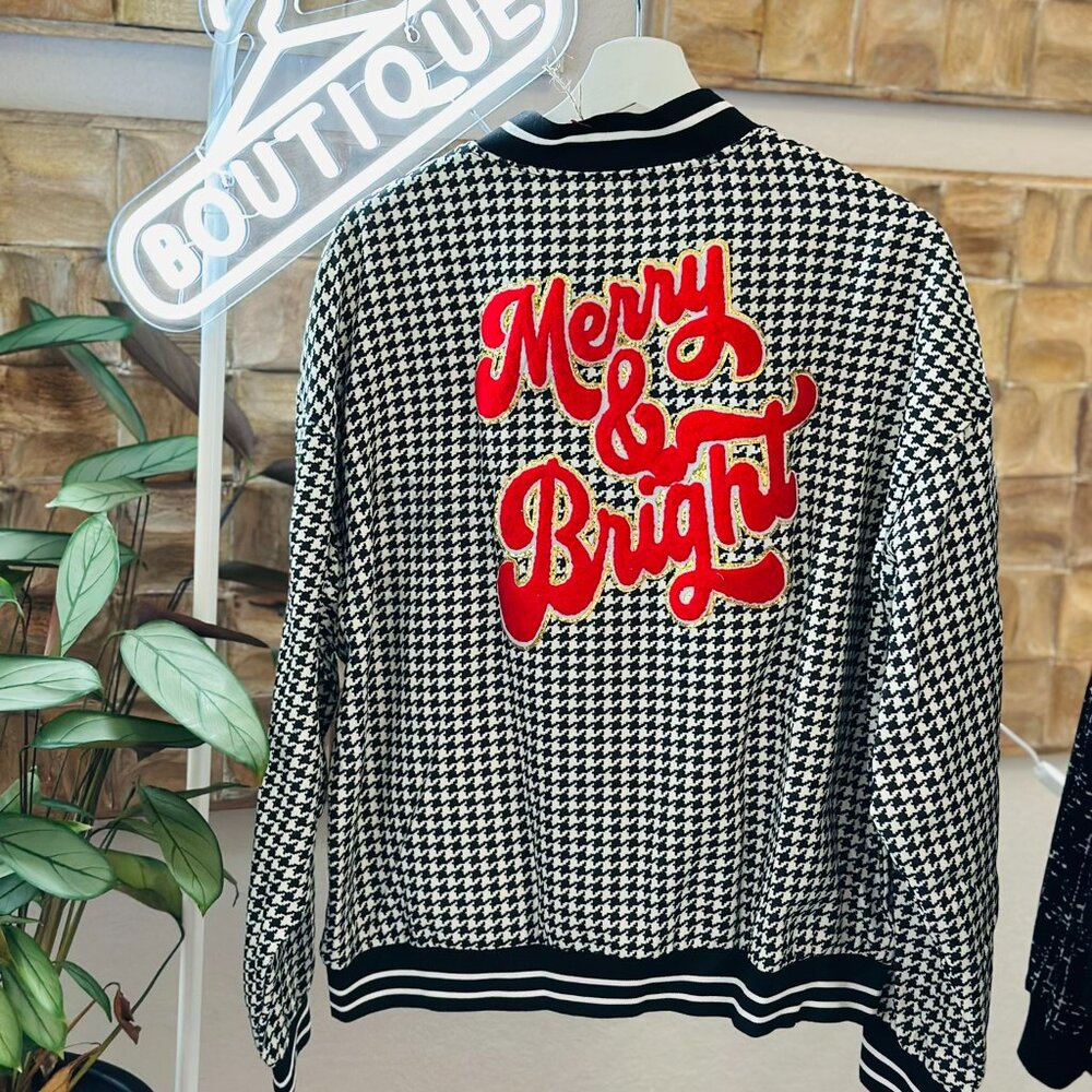 Merry & Bright Black & White Houndstooth Print Bomber Jacket